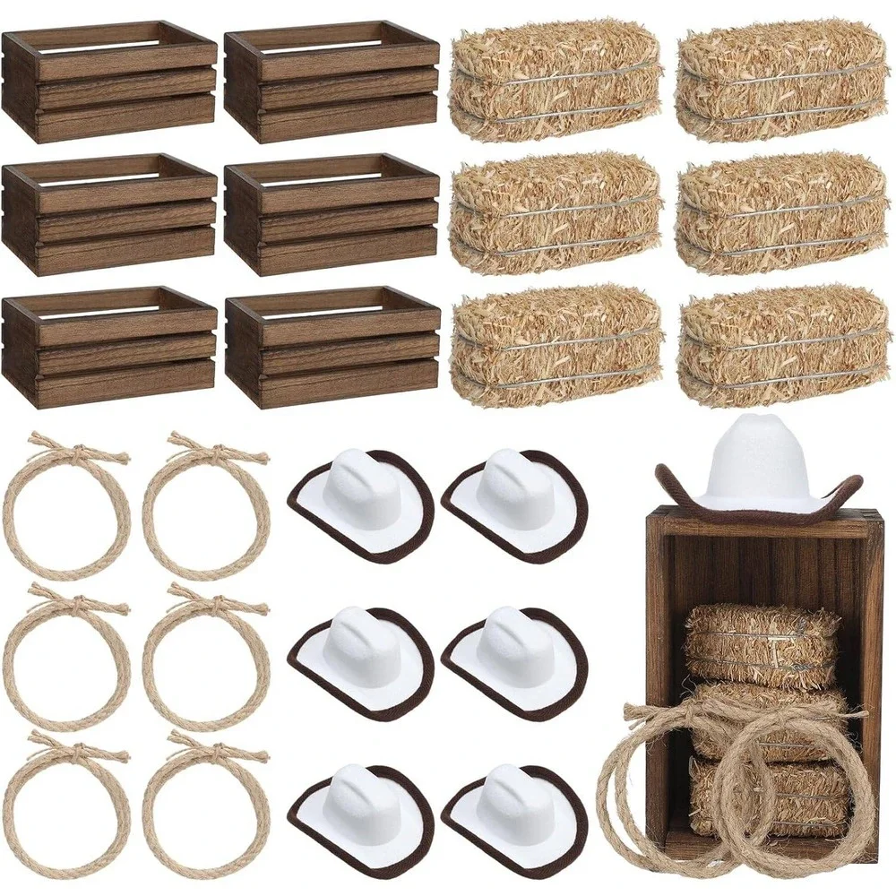 Briwooody 6 Set Western Party Table Centerpiece Rustic Cowboy Wood Crate Hay Hat